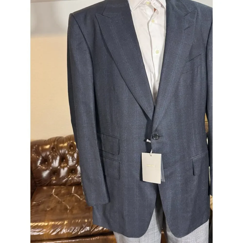 New Tom Ford Windsor Peak Lapel Navy Plaid Flannel Blazer Sportcoat 56IT 46R US